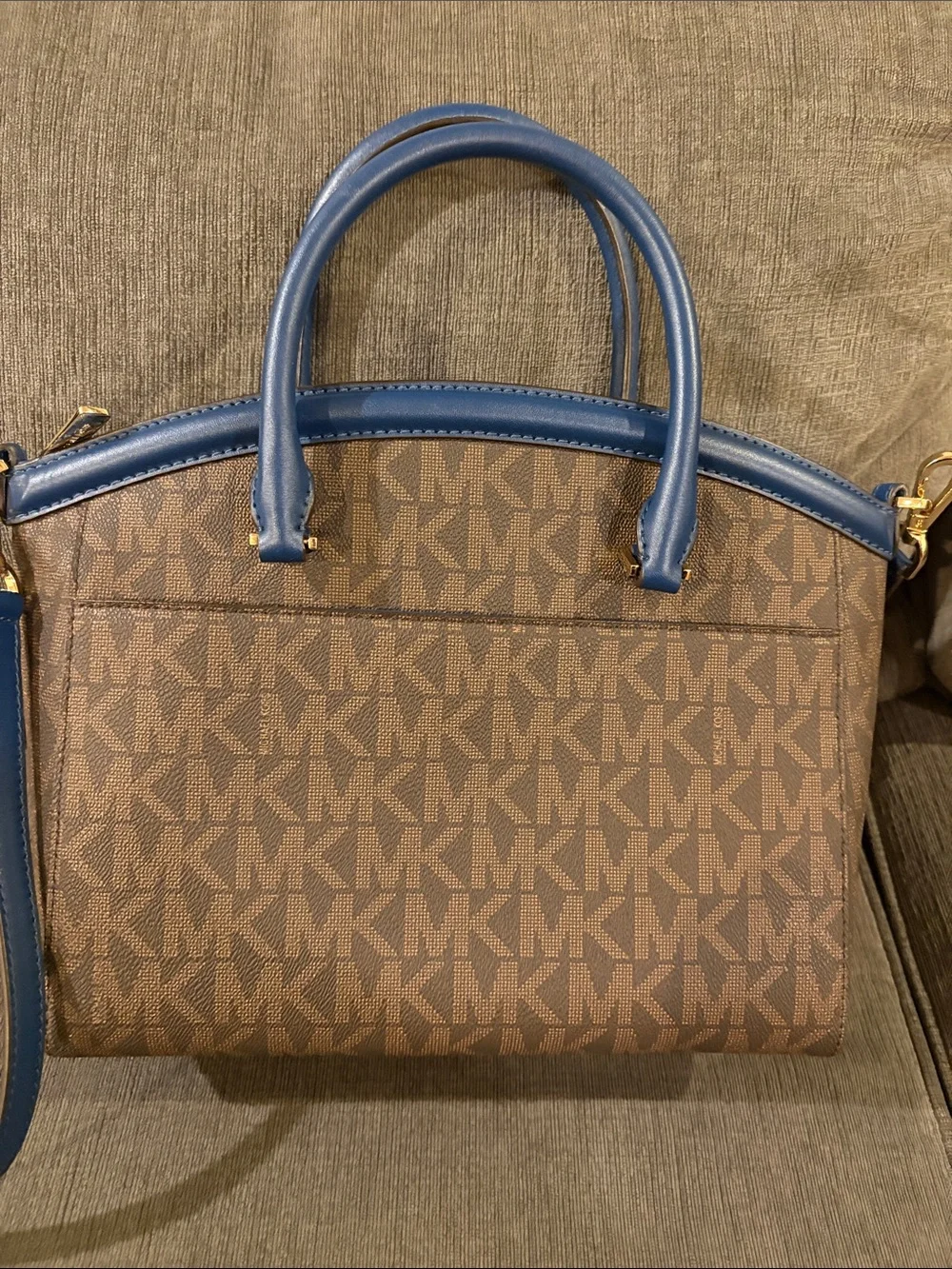 Michael Kors Brown Monogram Satchel with Blue Trim and Strap
